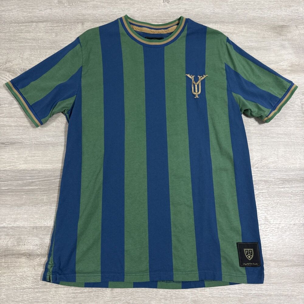 Football Town Shirt Men’s Blue Green 2XL Cotton Striped Soccer Jersey Style Tee